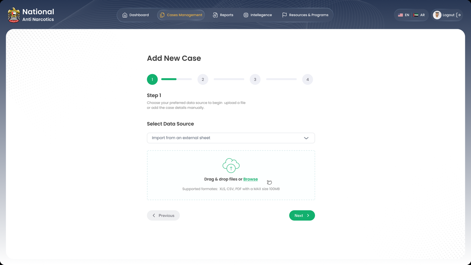 Add new case wizard step one, selecting a data source and a drag-and-drop file upload area