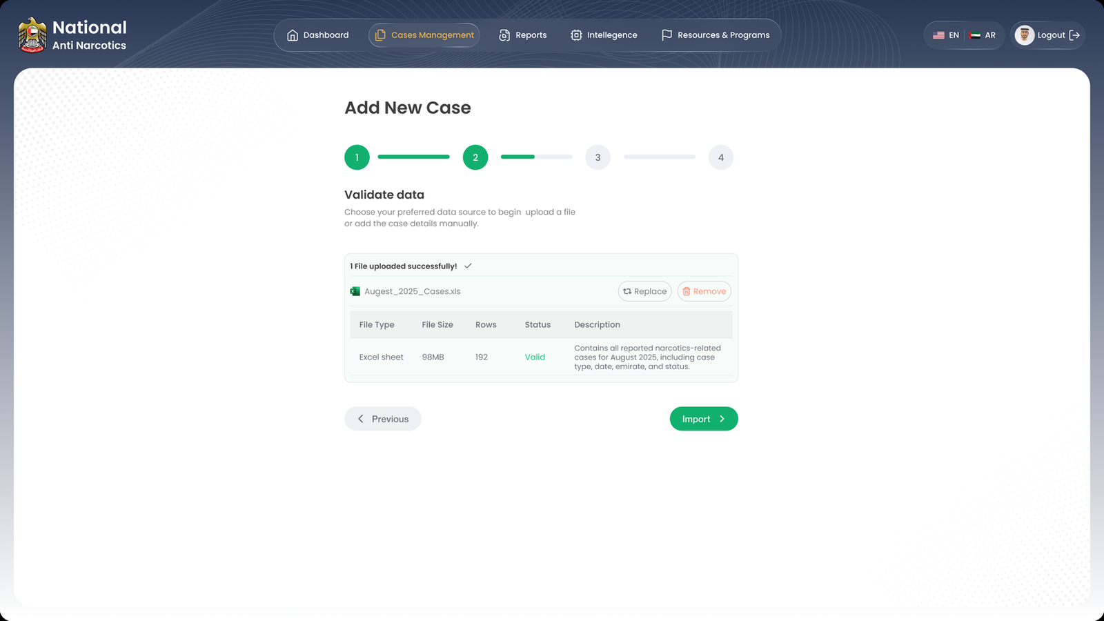 Add new case wizard validation step showing the uploaded file with type, size, rows, valid status, and a description, plus replace and remove actions
